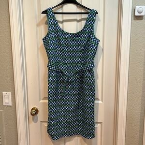 Boden Dress Sheath Emerald Deco Career Colorful Green Blue Belted Lined Size 12